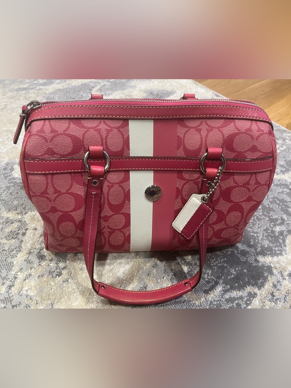 Coach Pink/white Signature Stripe Dome Satchel with White Center Stripe